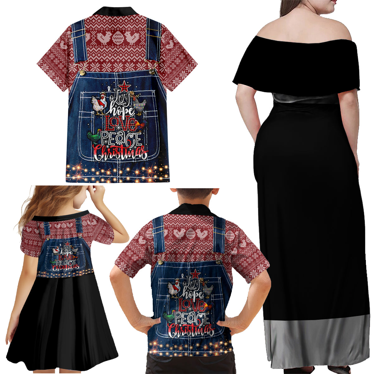Merry Clucking Christmas Family Matching Off Shoulder Maxi Dress and Hawaiian Shirt Chicken Santa Hat - Wonder Print Shop