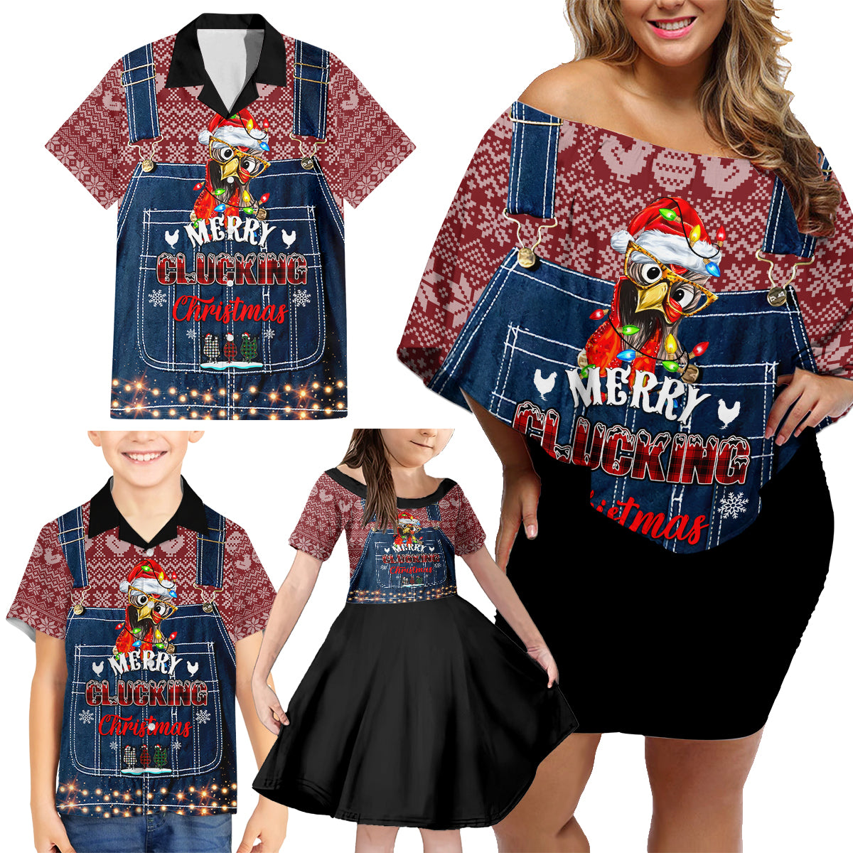 Merry Clucking Christmas Family Matching Off Shoulder Short Dress and Hawaiian Shirt Chicken Santa Hat - Wonder Print Shop