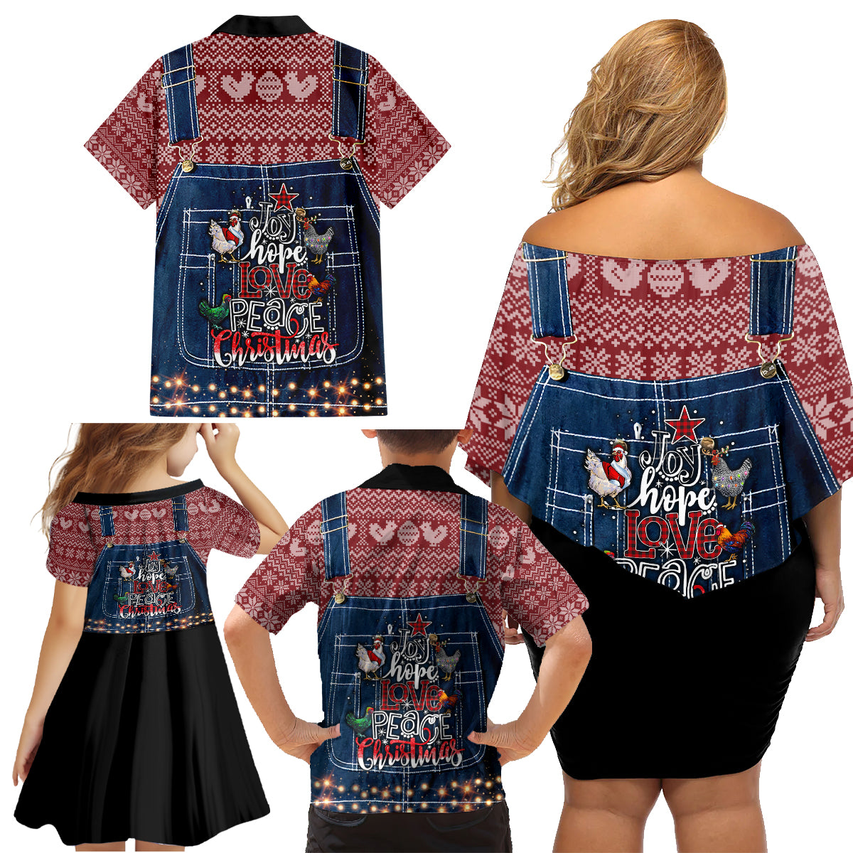Merry Clucking Christmas Family Matching Off Shoulder Short Dress and Hawaiian Shirt Chicken Santa Hat - Wonder Print Shop