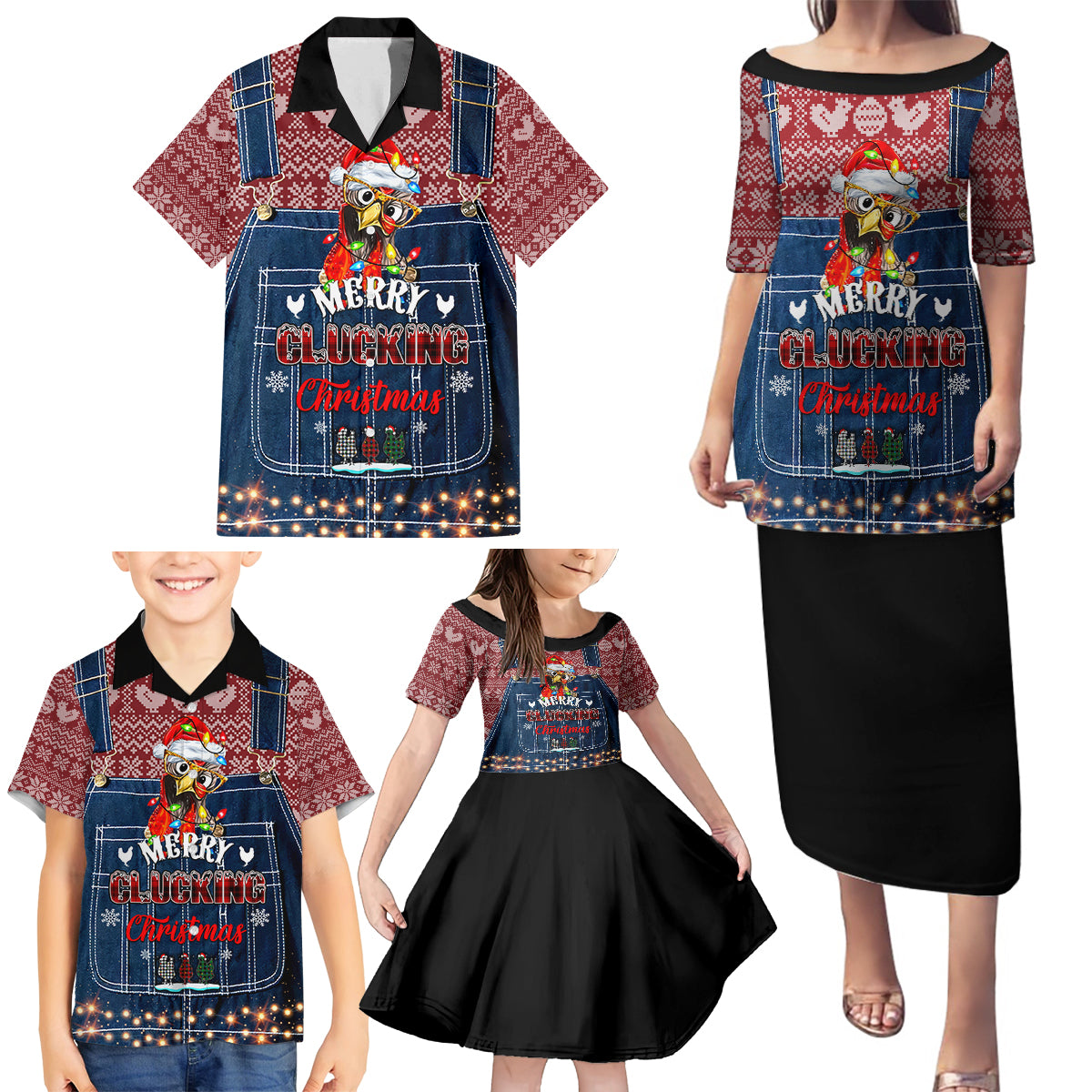 Merry Clucking Christmas Family Matching Puletasi Dress and Hawaiian Shirt Chicken Santa Hat - Wonder Print Shop