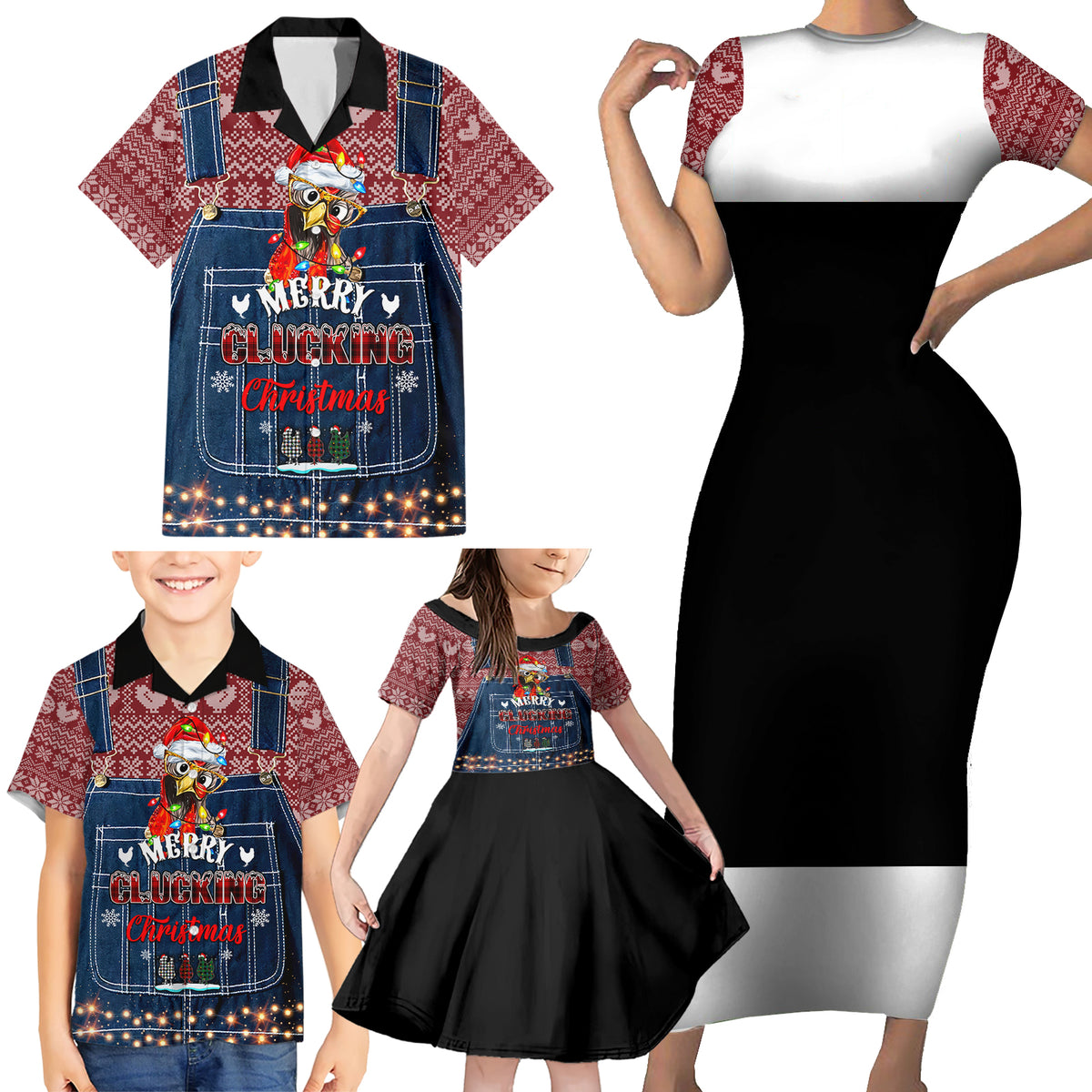 Merry Clucking Christmas Family Matching Short Sleeve Bodycon Dress and Hawaiian Shirt Chicken Santa Hat - Wonder Print Shop