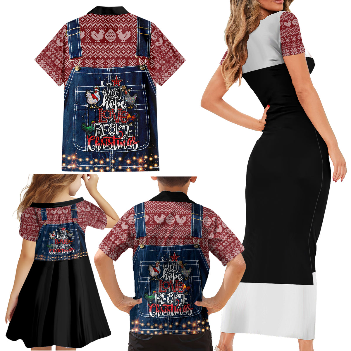 Merry Clucking Christmas Family Matching Short Sleeve Bodycon Dress and Hawaiian Shirt Chicken Santa Hat - Wonder Print Shop
