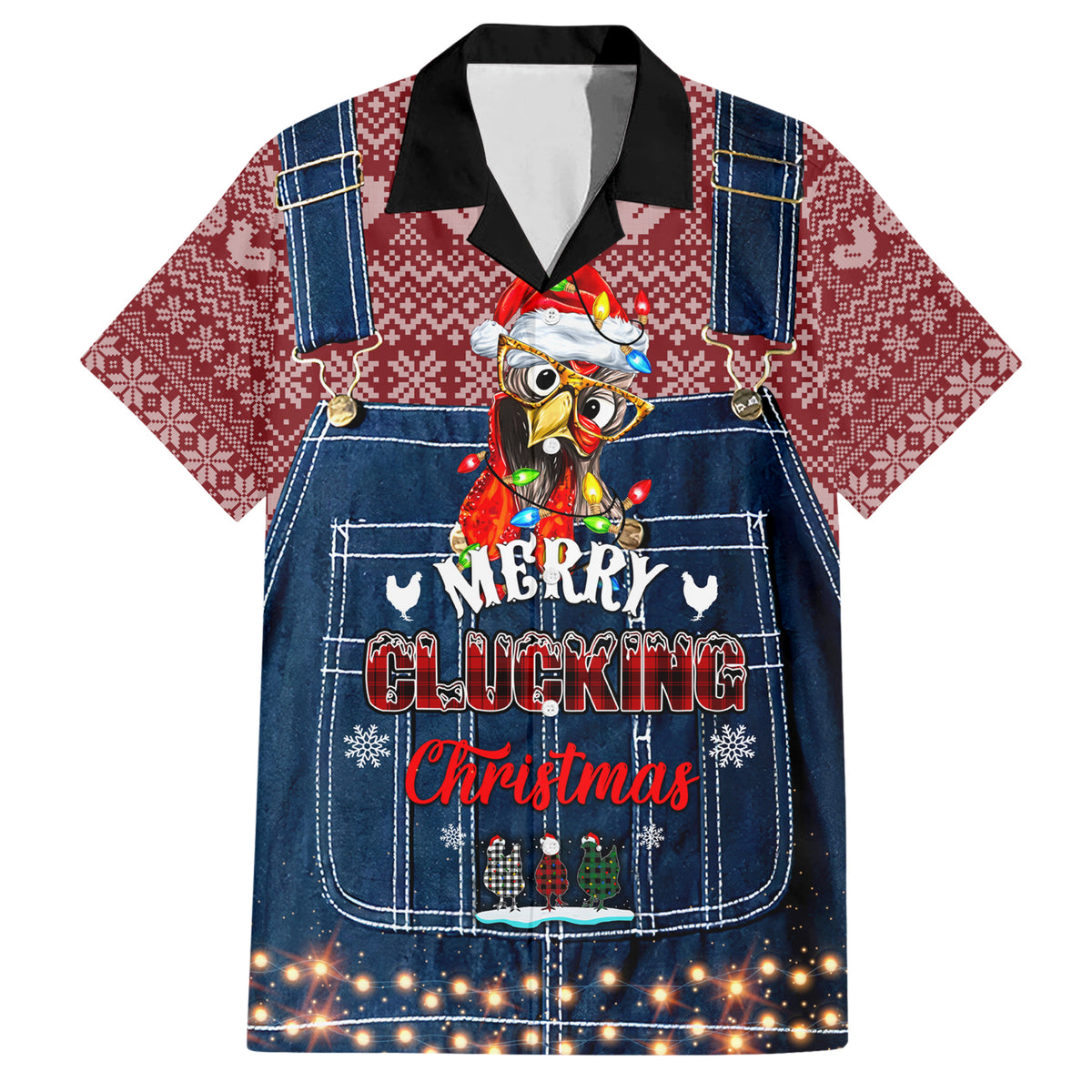 Merry Clucking Christmas Family Matching Short Sleeve Bodycon Dress and Hawaiian Shirt Chicken Santa Hat - Wonder Print Shop