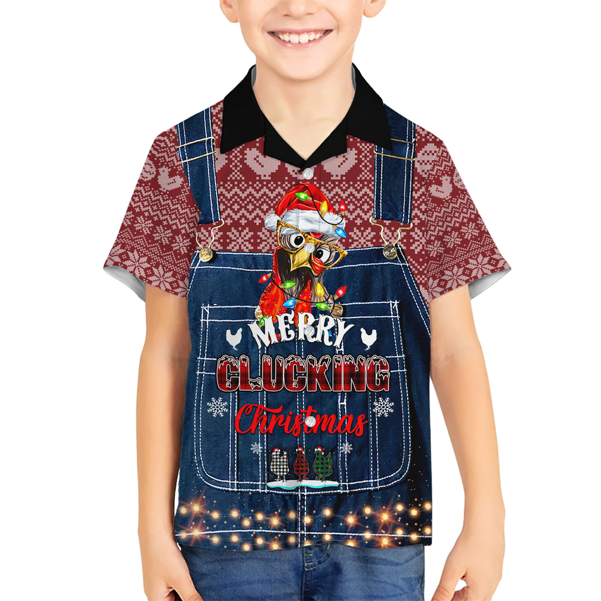 Merry Clucking Christmas Family Matching Short Sleeve Bodycon Dress and Hawaiian Shirt Chicken Santa Hat - Wonder Print Shop