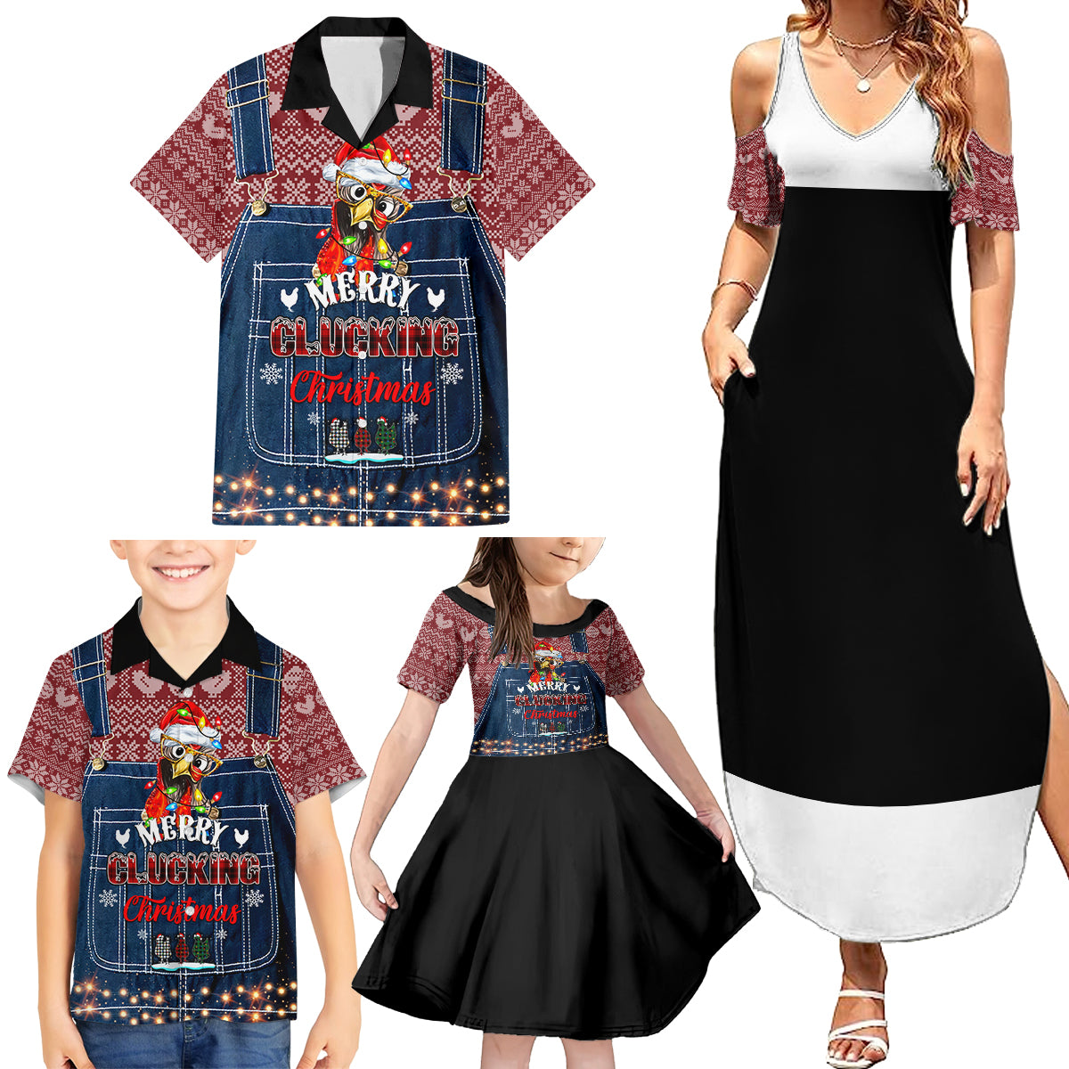 Merry Clucking Christmas Family Matching Summer Maxi Dress and Hawaiian Shirt Chicken Santa Hat - Wonder Print Shop
