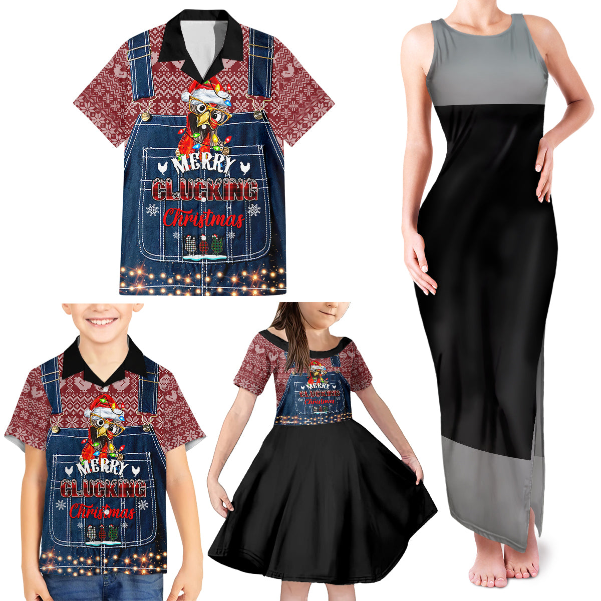 Merry Clucking Christmas Family Matching Tank Maxi Dress and Hawaiian Shirt Chicken Santa Hat - Wonder Print Shop