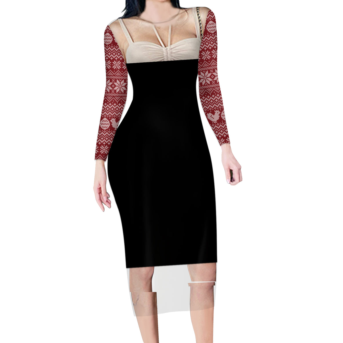 Merry Clucking Christmas Long Sleeve Bodycon Dress Chicken Santa Hat - Wonder Print Shop