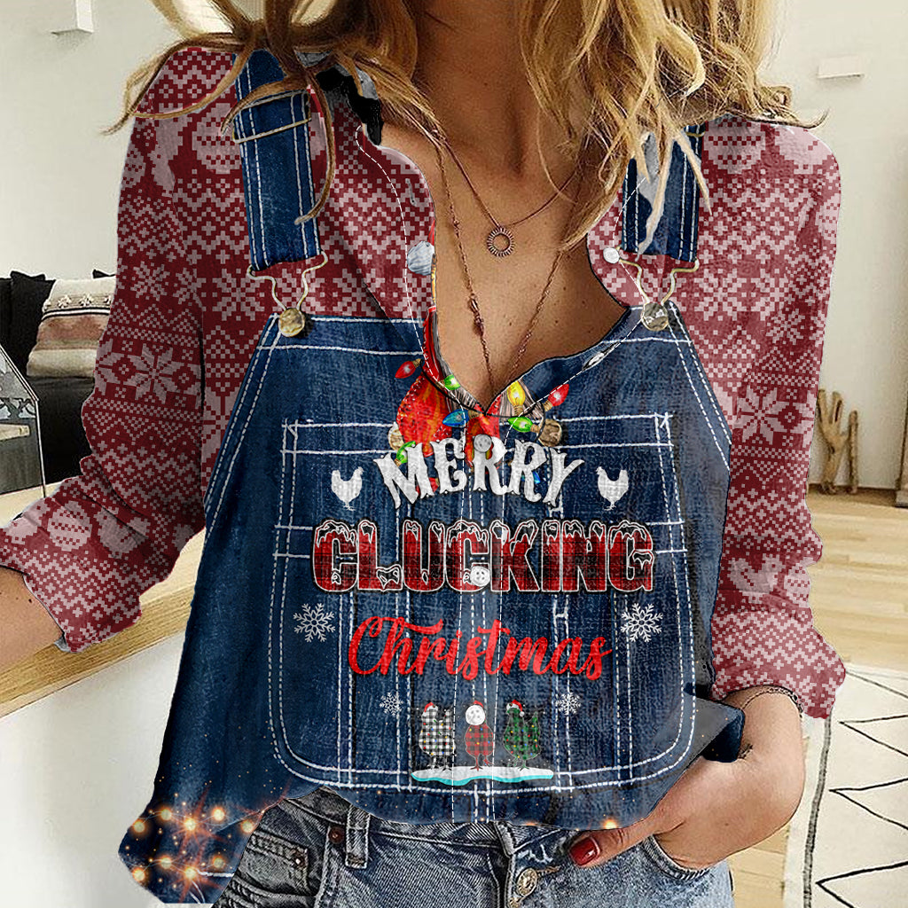 Merry Clucking Christmas Women Casual Shirt Chicken Santa Hat - Wonder Print Shop