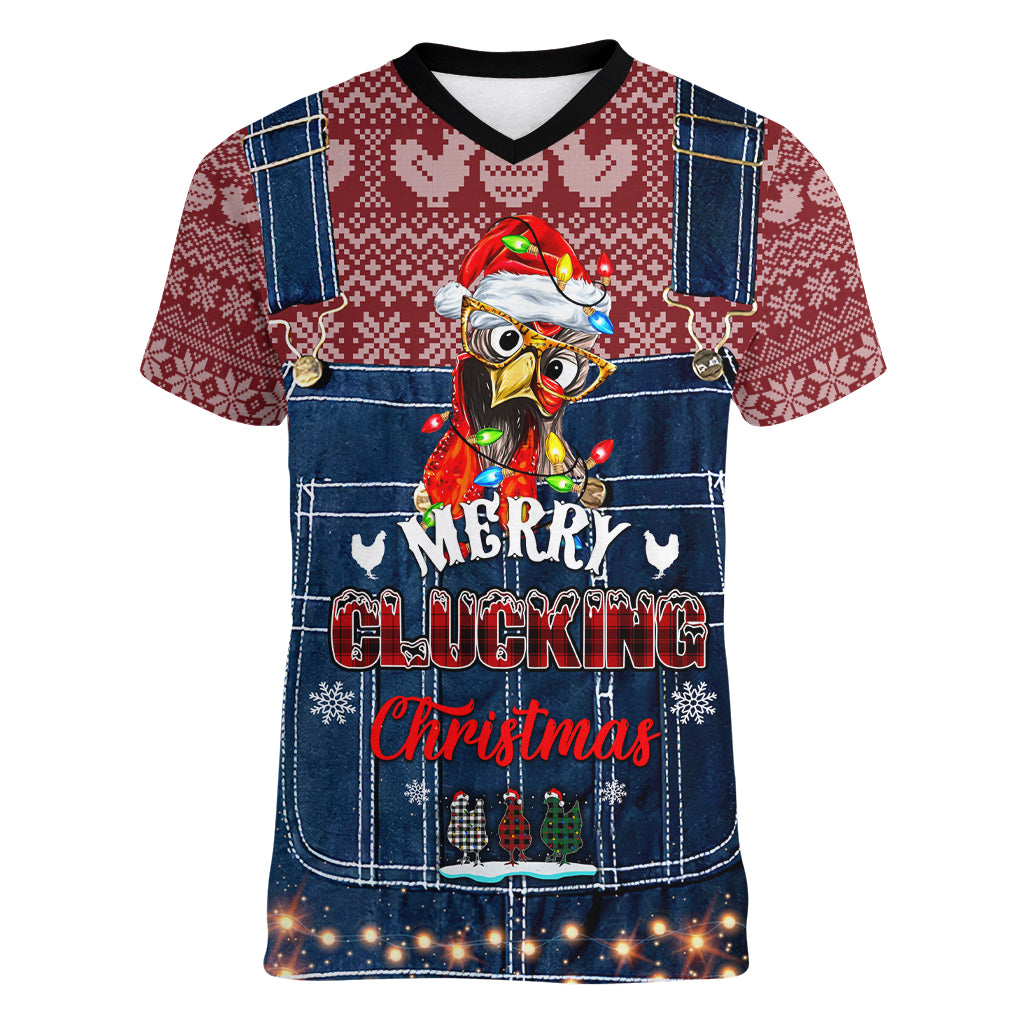 Merry Clucking Christmas Women V Neck T Shirt Chicken Santa Hat - Wonder Print Shop