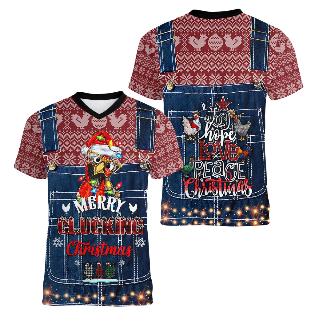 Merry Clucking Christmas Women V Neck T Shirt Chicken Santa Hat - Wonder Print Shop