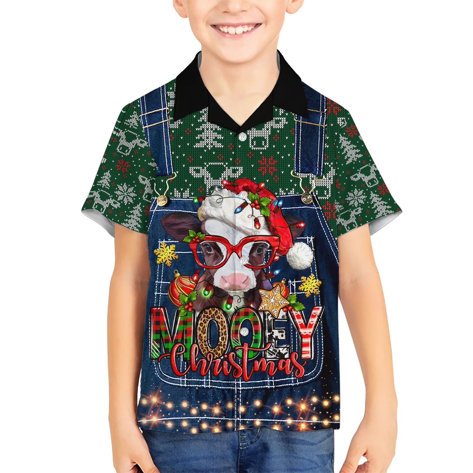 Mooey Christmas Kid Hawaiian Shirt Cow Santa Hat - Wonder Print Shop