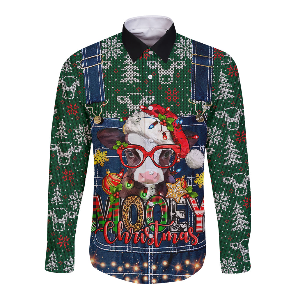Mooey Christmas Long Sleeve Button Shirt Cow Santa Hat - Wonder Print Shop