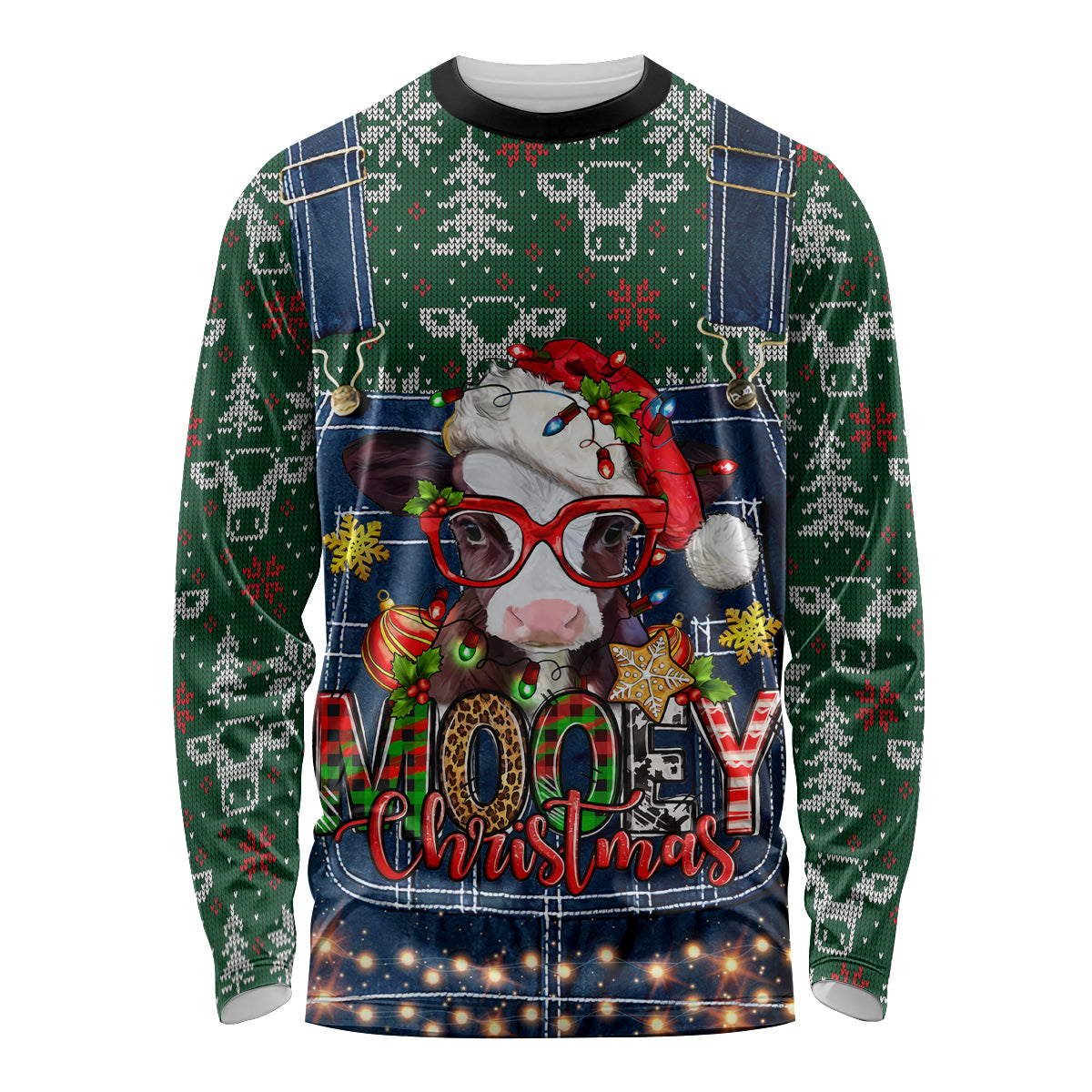 Mooey Christmas Long Sleeve Shirt Cow Santa Hat - Wonder Print Shop