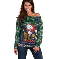 Mooey Christmas Off Shoulder Sweater Cow Santa Hat - Wonder Print Shop