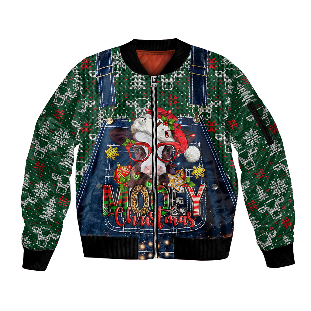 Mooey Christmas Sleeve Zip Bomber Jacket Cow Santa Hat - Wonder Print Shop