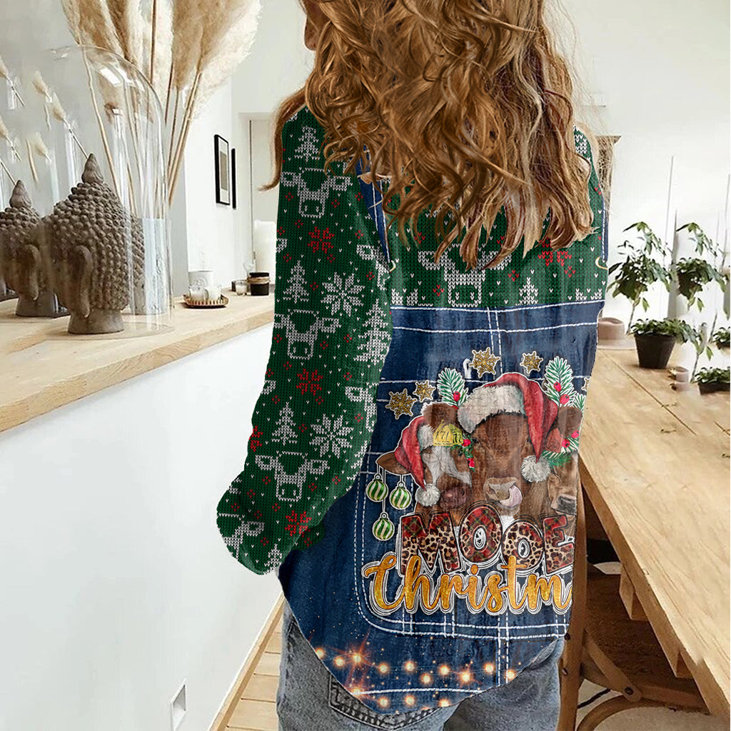 Mooey Christmas Women Casual Shirt Cow Santa Hat - Wonder Print Shop