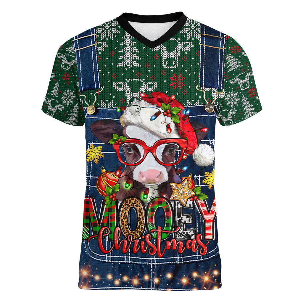 Mooey Christmas Women V Neck T Shirt Cow Santa Hat - Wonder Print Shop