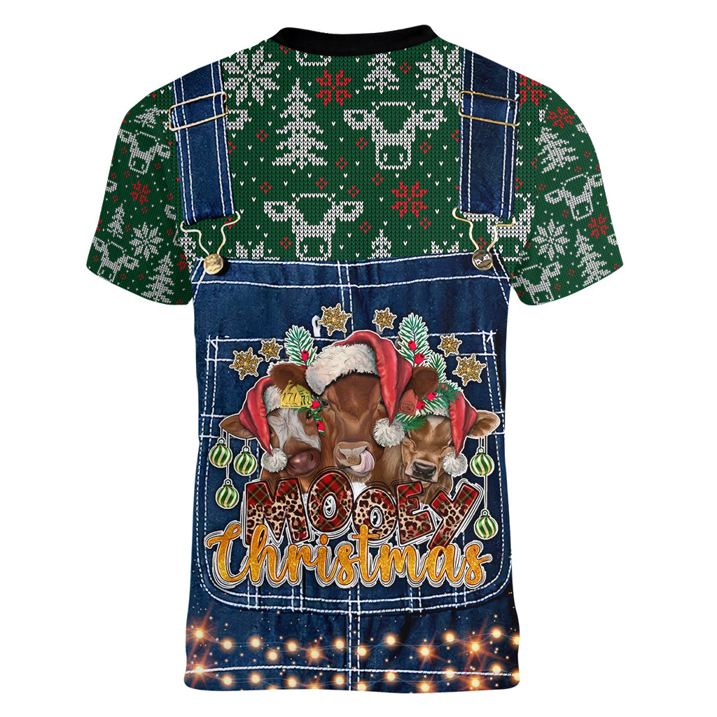 Mooey Christmas Women V Neck T Shirt Cow Santa Hat - Wonder Print Shop