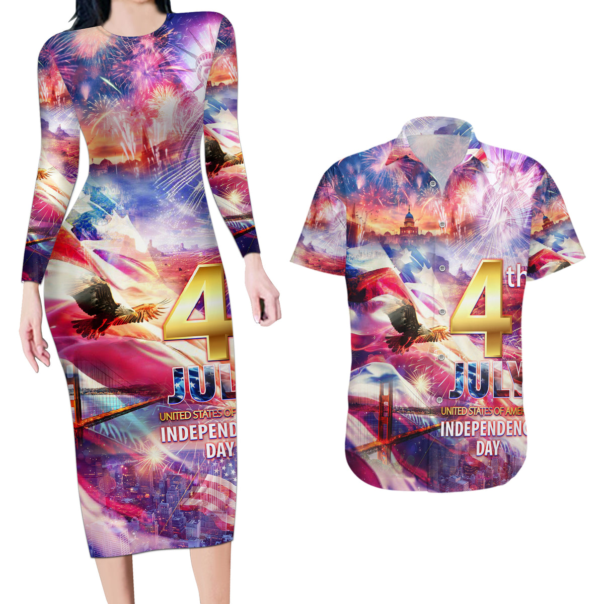 Custom 4th Of July Independence Day American Couples Matching Long Sleeve Bodycon Dress and Hawaiian Shirt - Wonder Print Shop