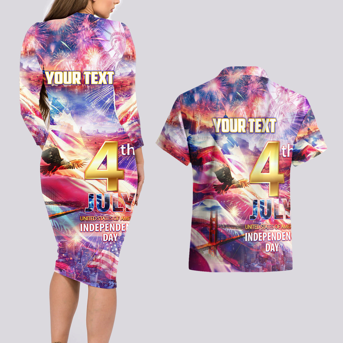Custom 4th Of July Independence Day American Couples Matching Long Sleeve Bodycon Dress and Hawaiian Shirt - Wonder Print Shop