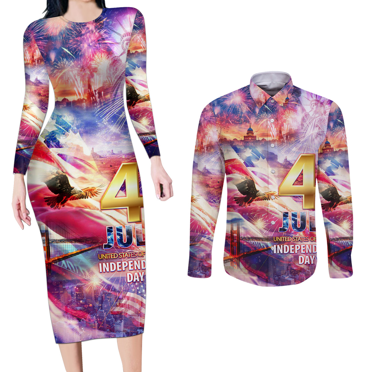 Custom 4th Of July Independence Day American Couples Matching Long Sleeve Bodycon Dress and Long Sleeve Button Shirt - Wonder Print Shop