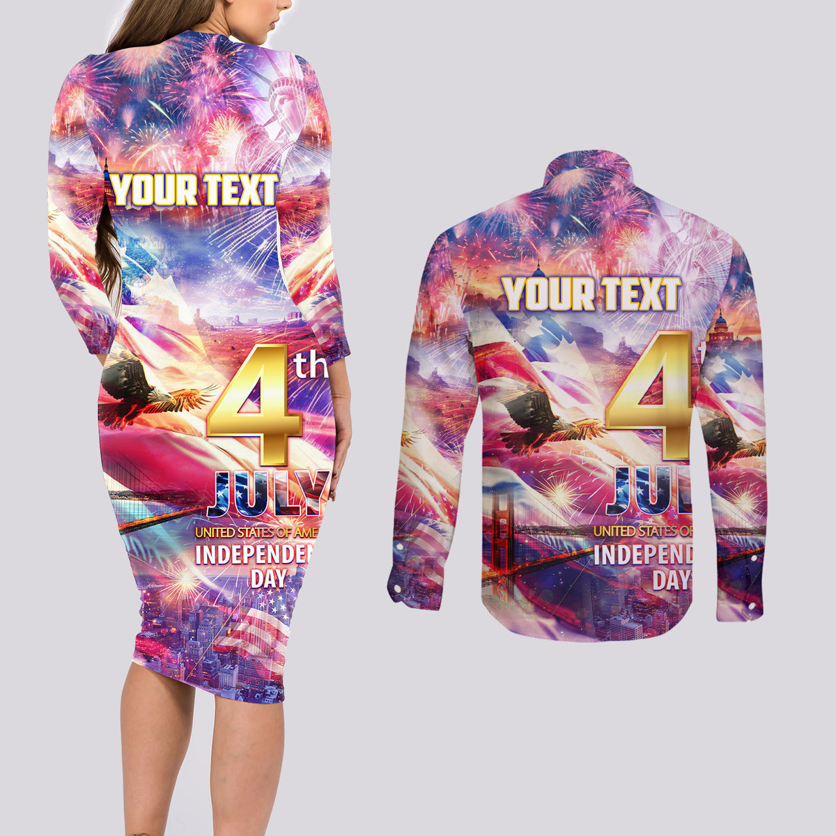 Custom 4th Of July Independence Day American Couples Matching Long Sleeve Bodycon Dress and Long Sleeve Button Shirt - Wonder Print Shop