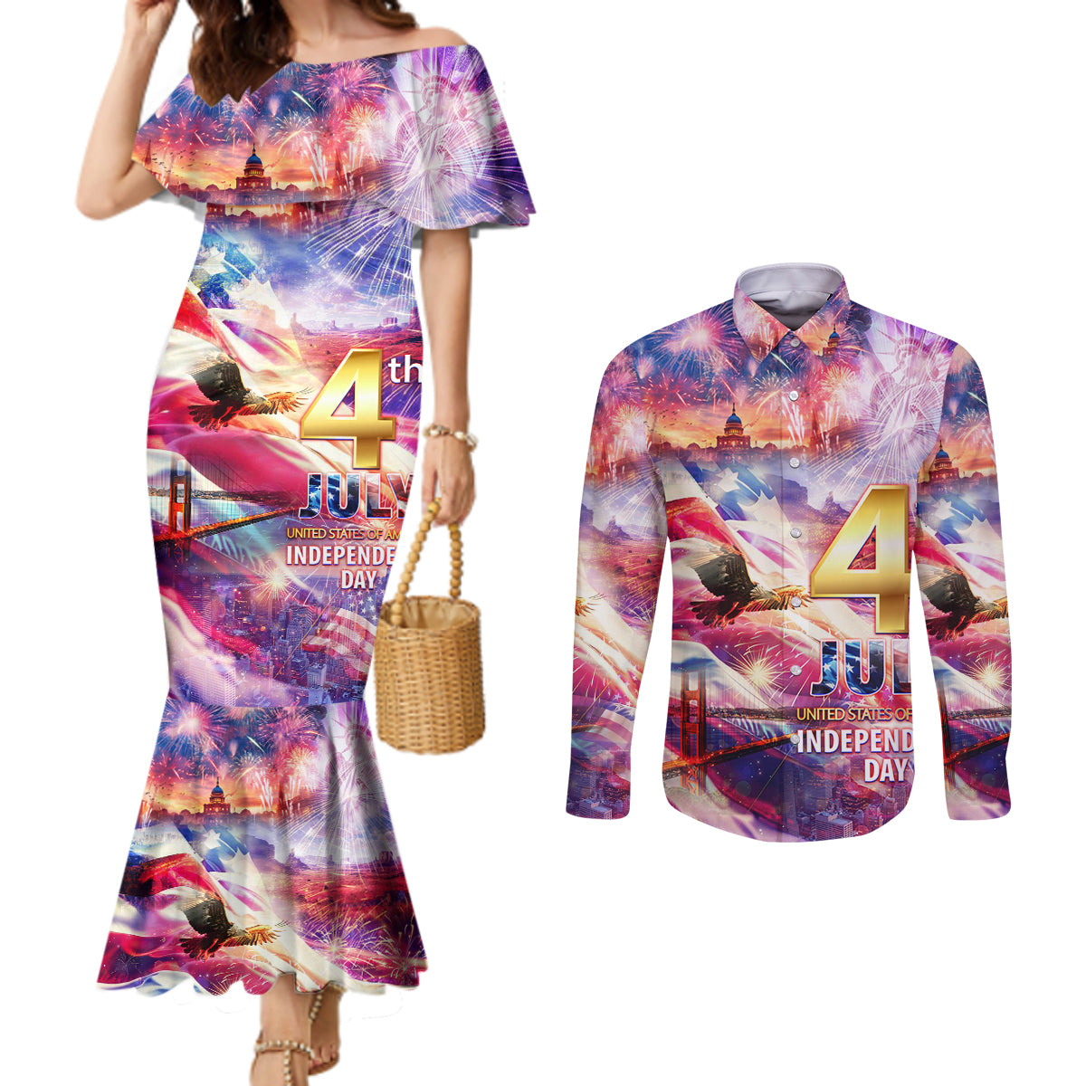 Custom 4th Of July Independence Day American Couples Matching Mermaid Dress and Long Sleeve Button Shirt