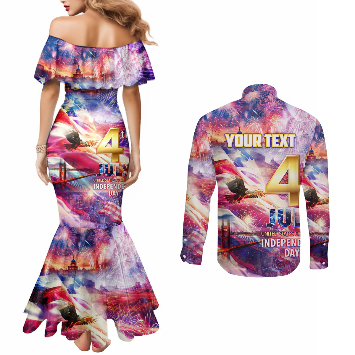 Custom 4th Of July Independence Day American Couples Matching Mermaid Dress and Long Sleeve Button Shirt