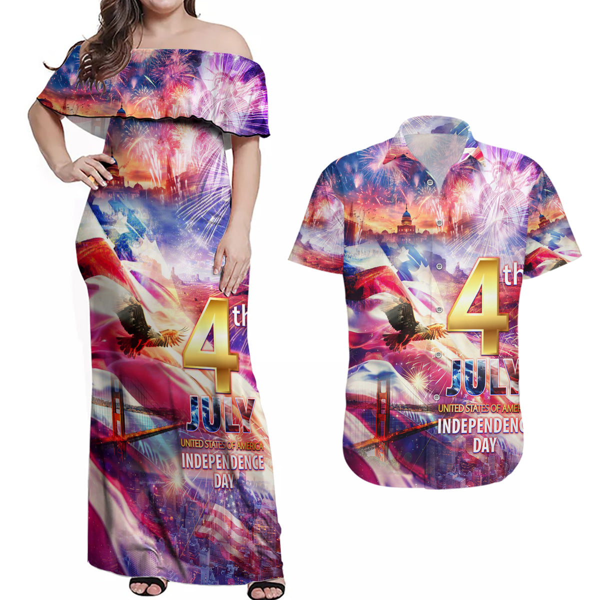 Custom 4th Of July Independence Day American Couples Matching Off Shoulder Maxi Dress and Hawaiian Shirt - Wonder Print Shop