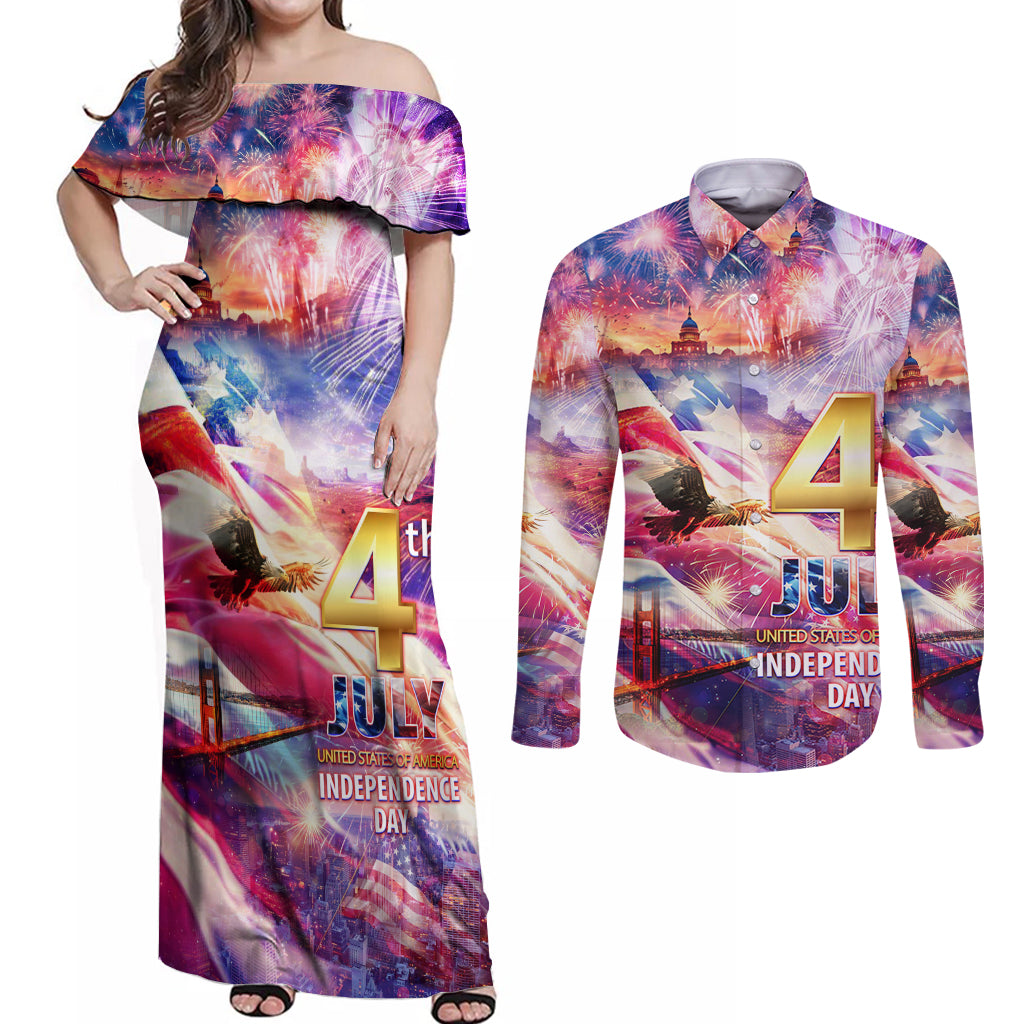 Custom 4th Of July Independence Day American Couples Matching Off Shoulder Maxi Dress and Long Sleeve Button Shirt - Wonder Print Shop