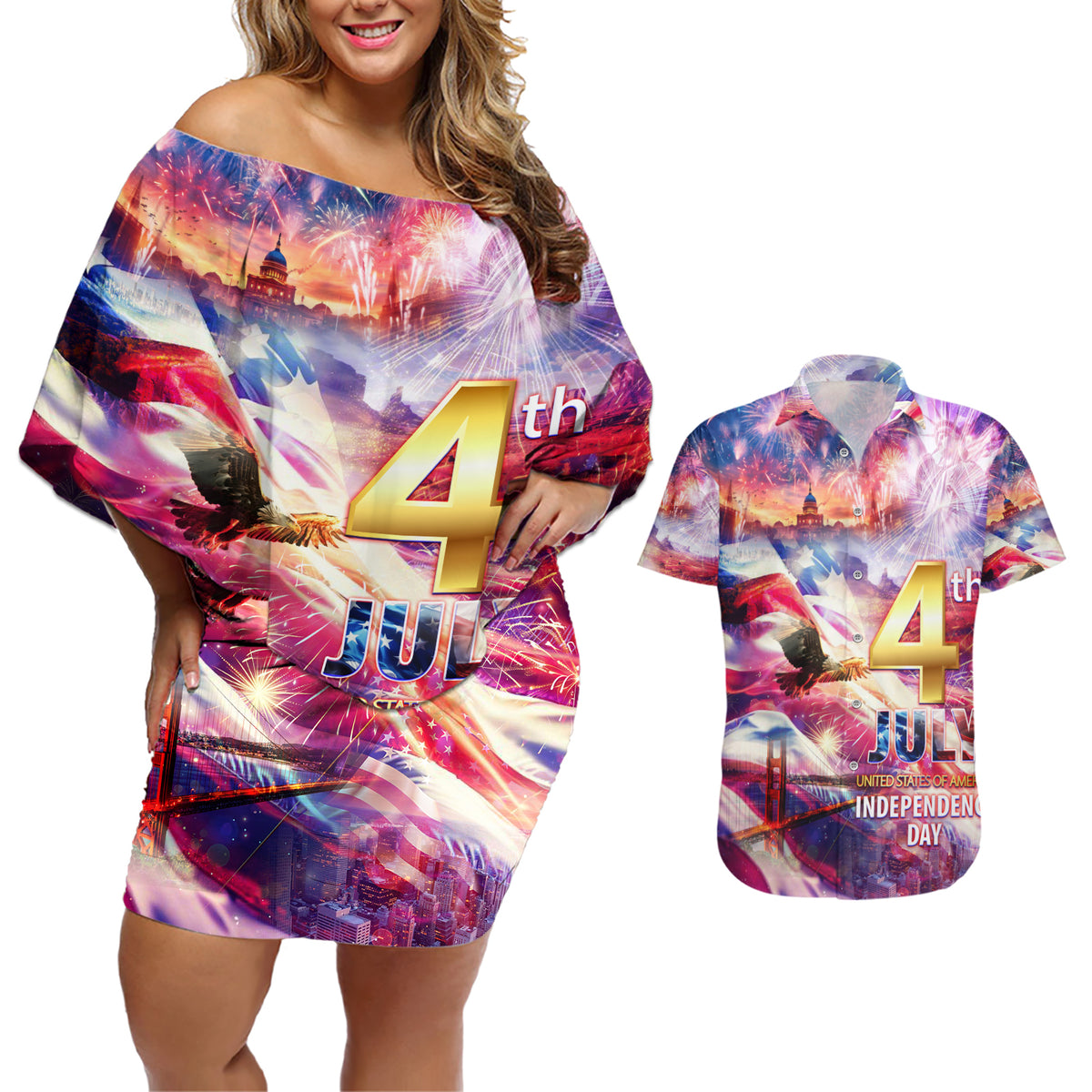 Custom 4th Of July Independence Day American Couples Matching Off Shoulder Short Dress and Hawaiian Shirt - Wonder Print Shop
