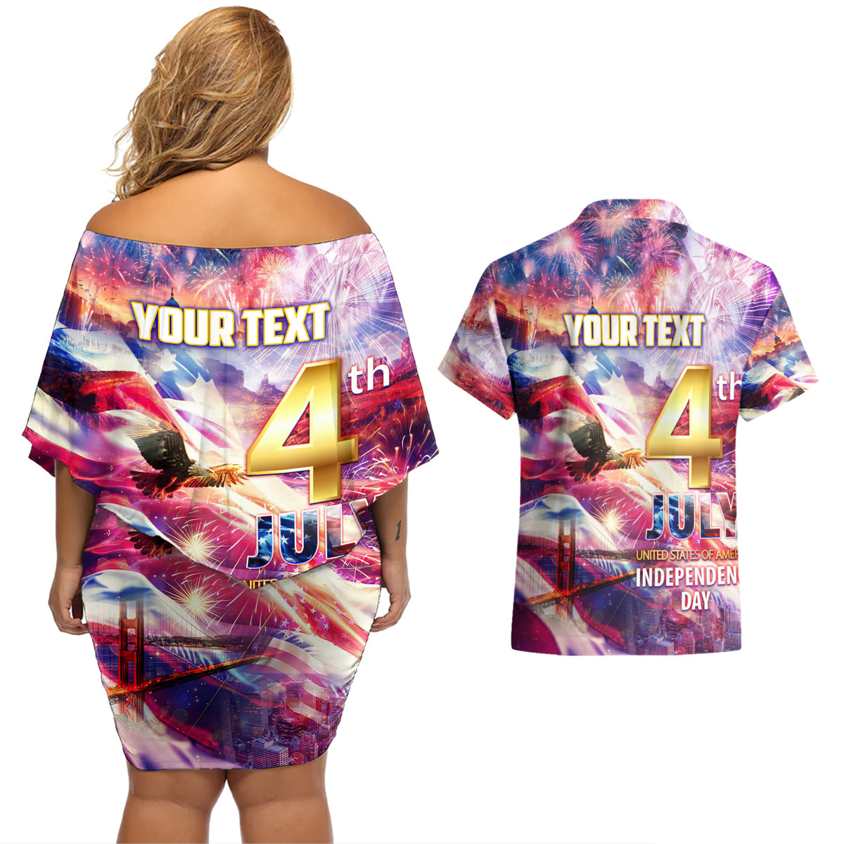 Custom 4th Of July Independence Day American Couples Matching Off Shoulder Short Dress and Hawaiian Shirt - Wonder Print Shop