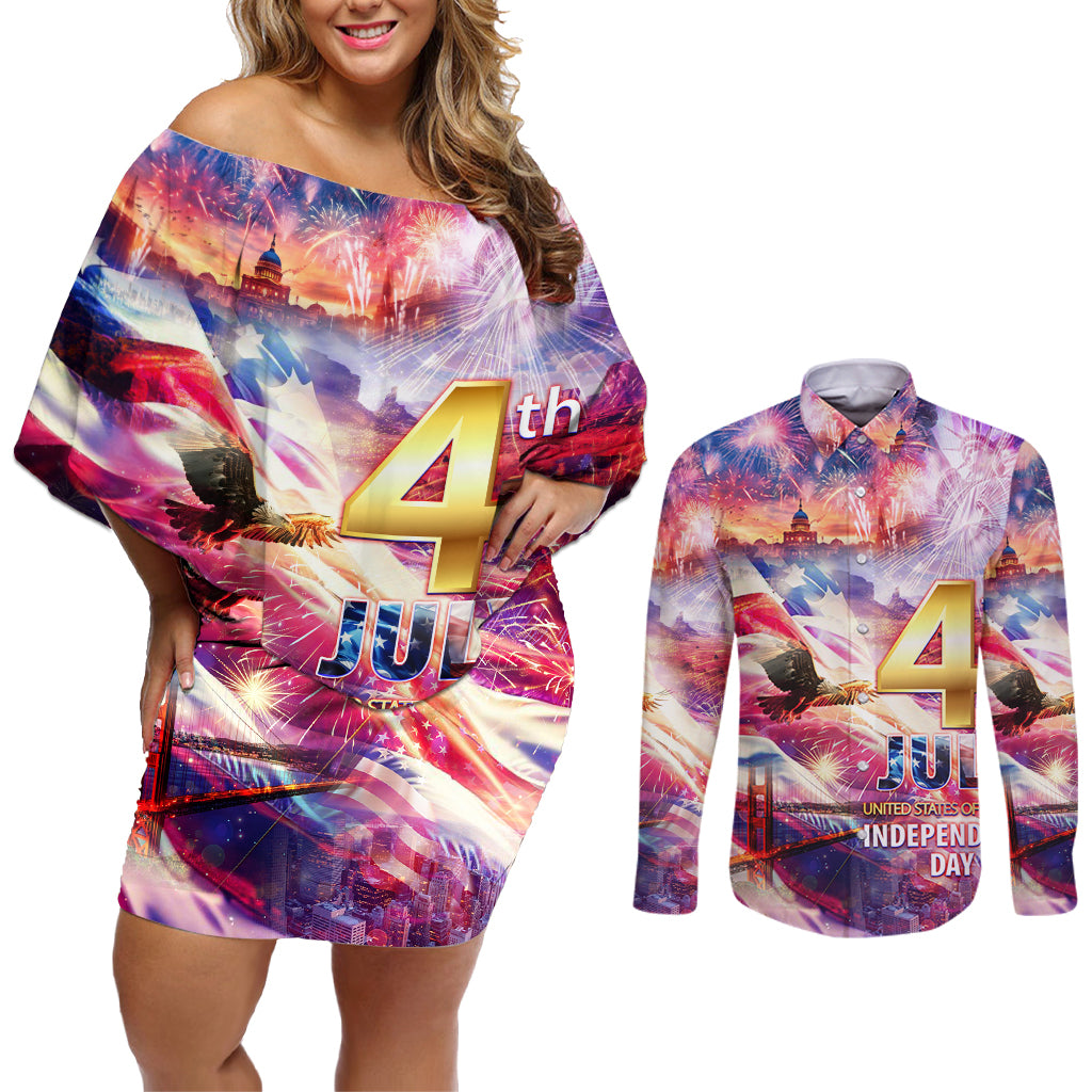 Custom 4th Of July Independence Day American Couples Matching Off Shoulder Short Dress and Long Sleeve Button Shirt - Wonder Print Shop
