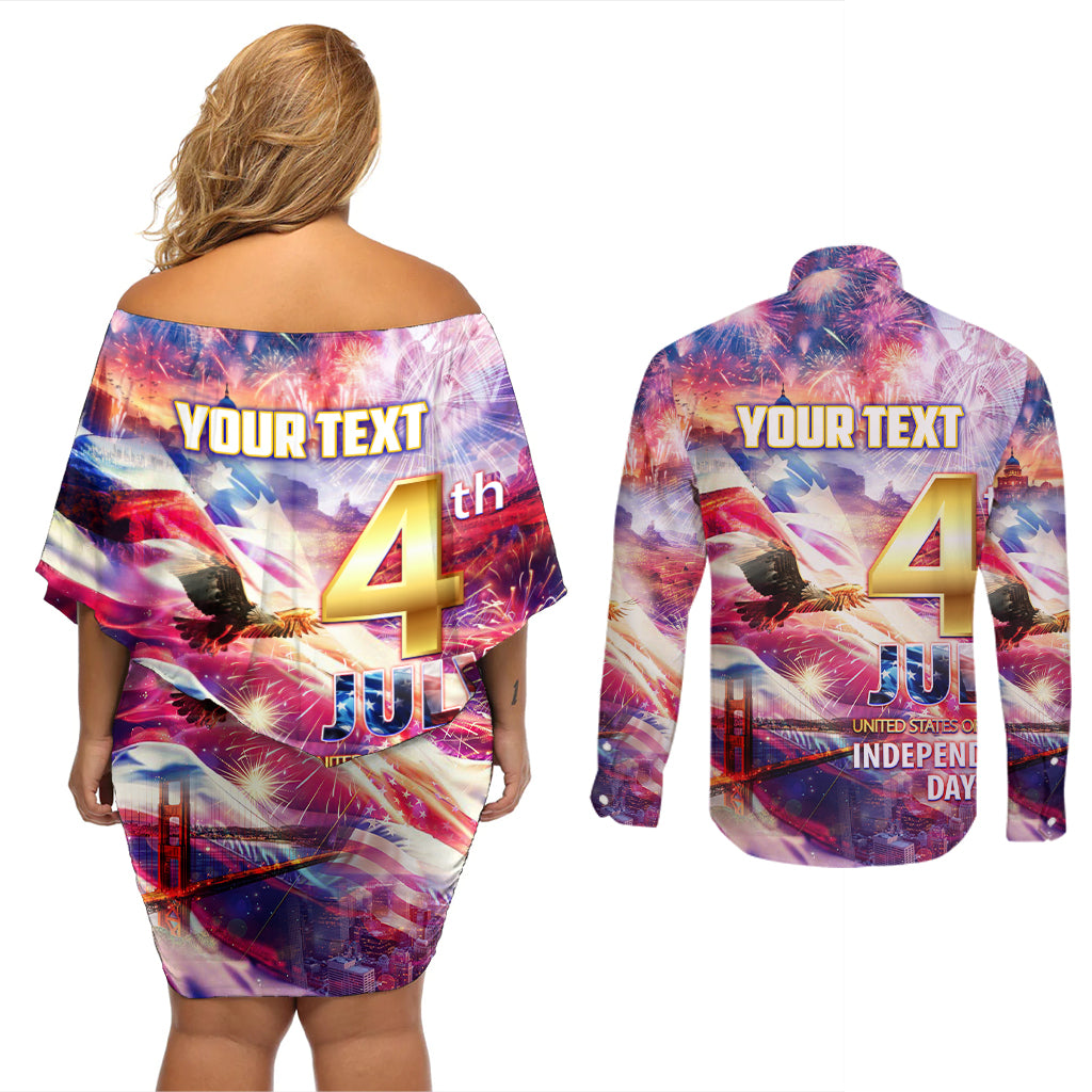 Custom 4th Of July Independence Day American Couples Matching Off Shoulder Short Dress and Long Sleeve Button Shirt - Wonder Print Shop