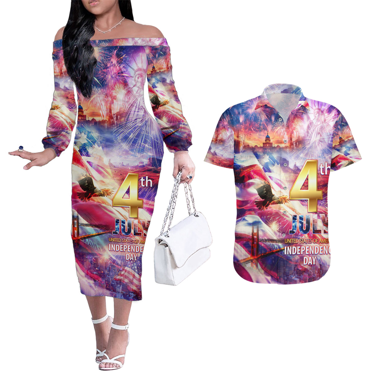 Custom 4th Of July Independence Day American Couples Matching Off The Shoulder Long Sleeve Dress and Hawaiian Shirt - Wonder Print Shop
