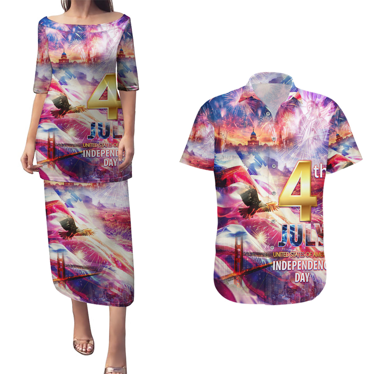 Custom 4th Of July Independence Day American Couples Matching Puletasi and Hawaiian Shirt - Wonder Print Shop