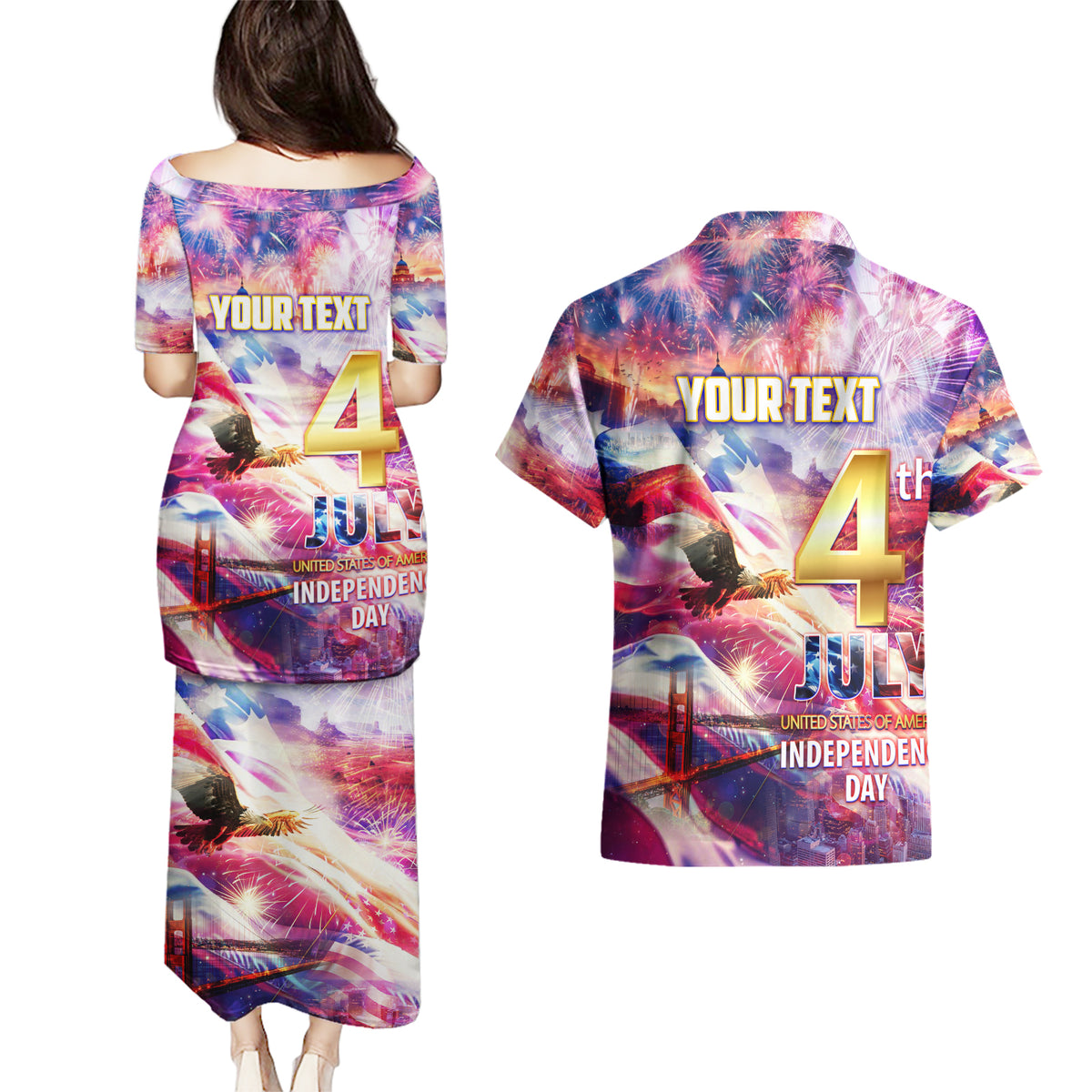 Custom 4th Of July Independence Day American Couples Matching Puletasi and Hawaiian Shirt - Wonder Print Shop