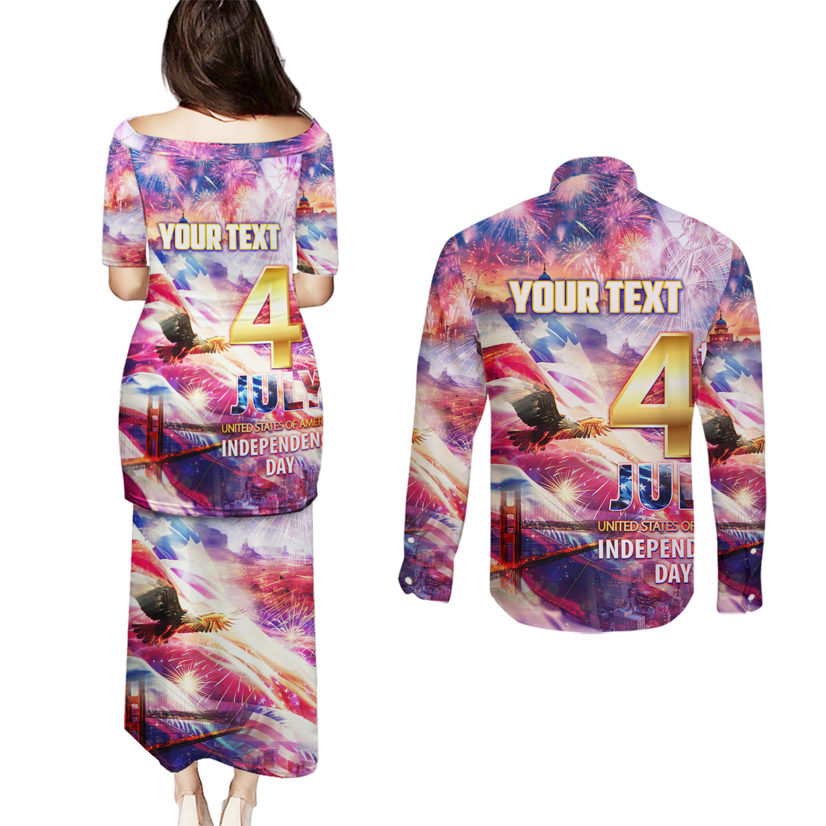 Custom 4th Of July Independence Day American Couples Matching Puletasi and Long Sleeve Button Shirt - Wonder Print Shop