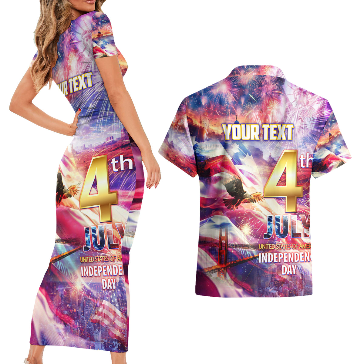 Custom 4th Of July Independence Day American Couples Matching Short Sleeve Bodycon Dress and Hawaiian Shirt - Wonder Print Shop