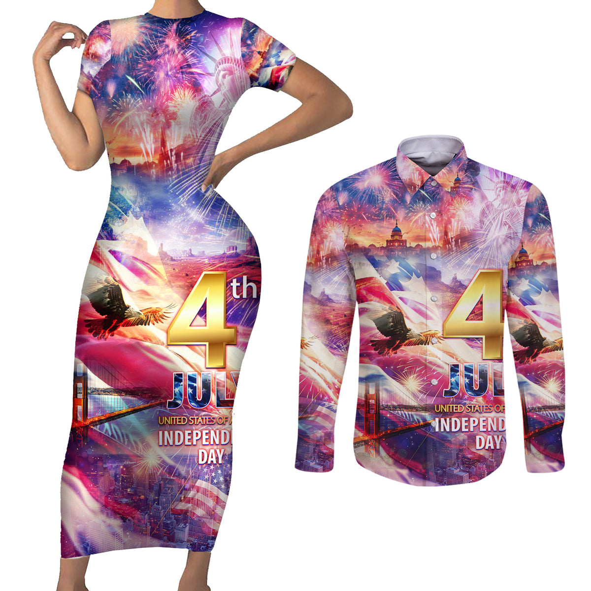 Custom 4th Of July Independence Day American Couples Matching Short Sleeve Bodycon Dress and Long Sleeve Button Shirt - Wonder Print Shop