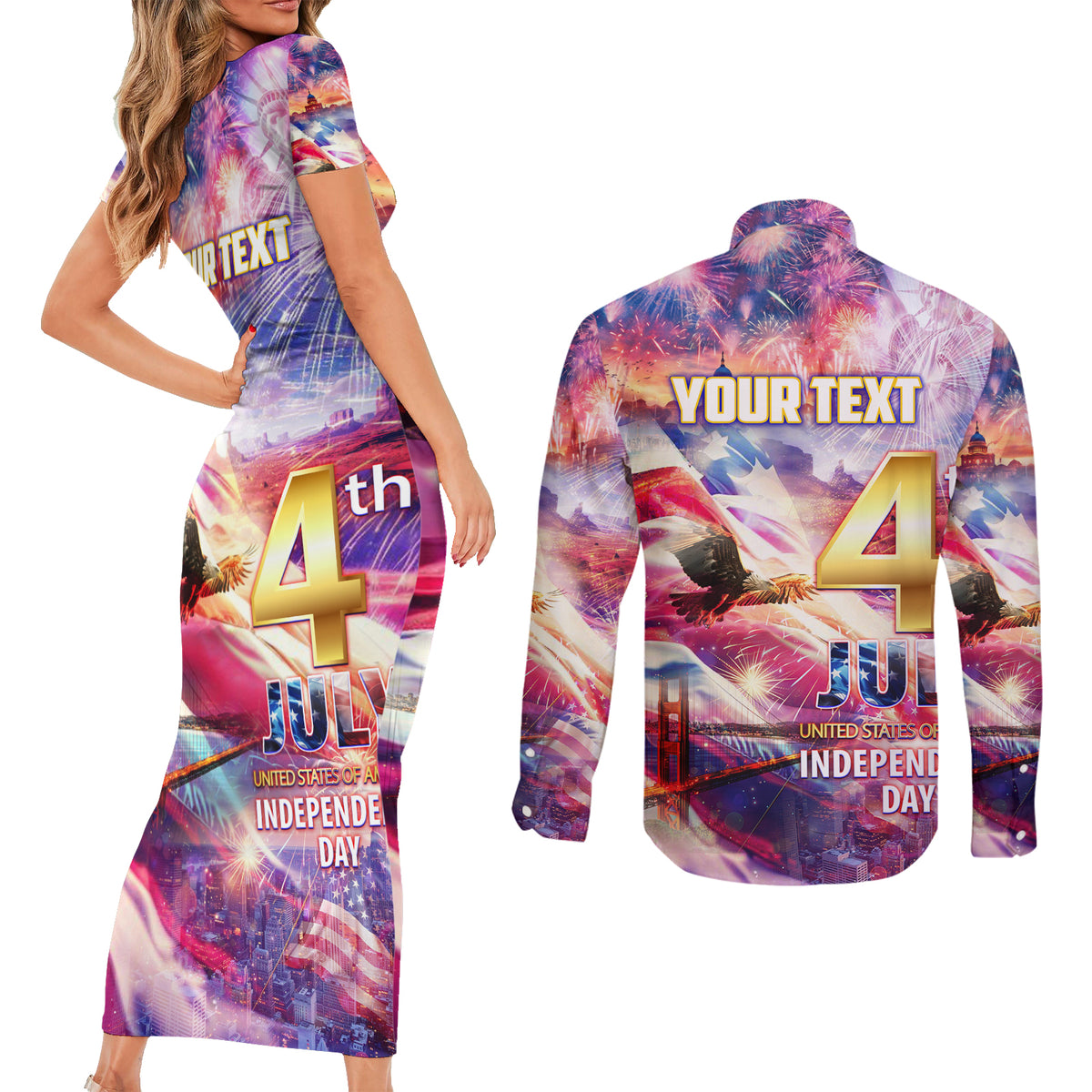 Custom 4th Of July Independence Day American Couples Matching Short Sleeve Bodycon Dress and Long Sleeve Button Shirt - Wonder Print Shop