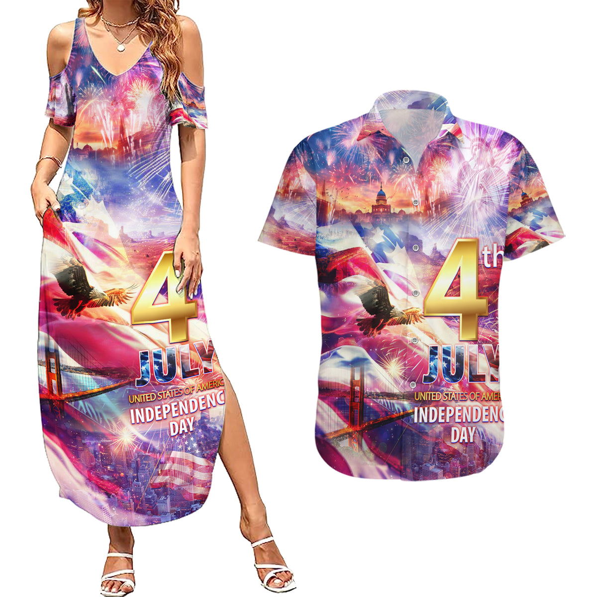 Custom 4th Of July Independence Day American Couples Matching Summer Maxi Dress and Hawaiian Shirt - Wonder Print Shop