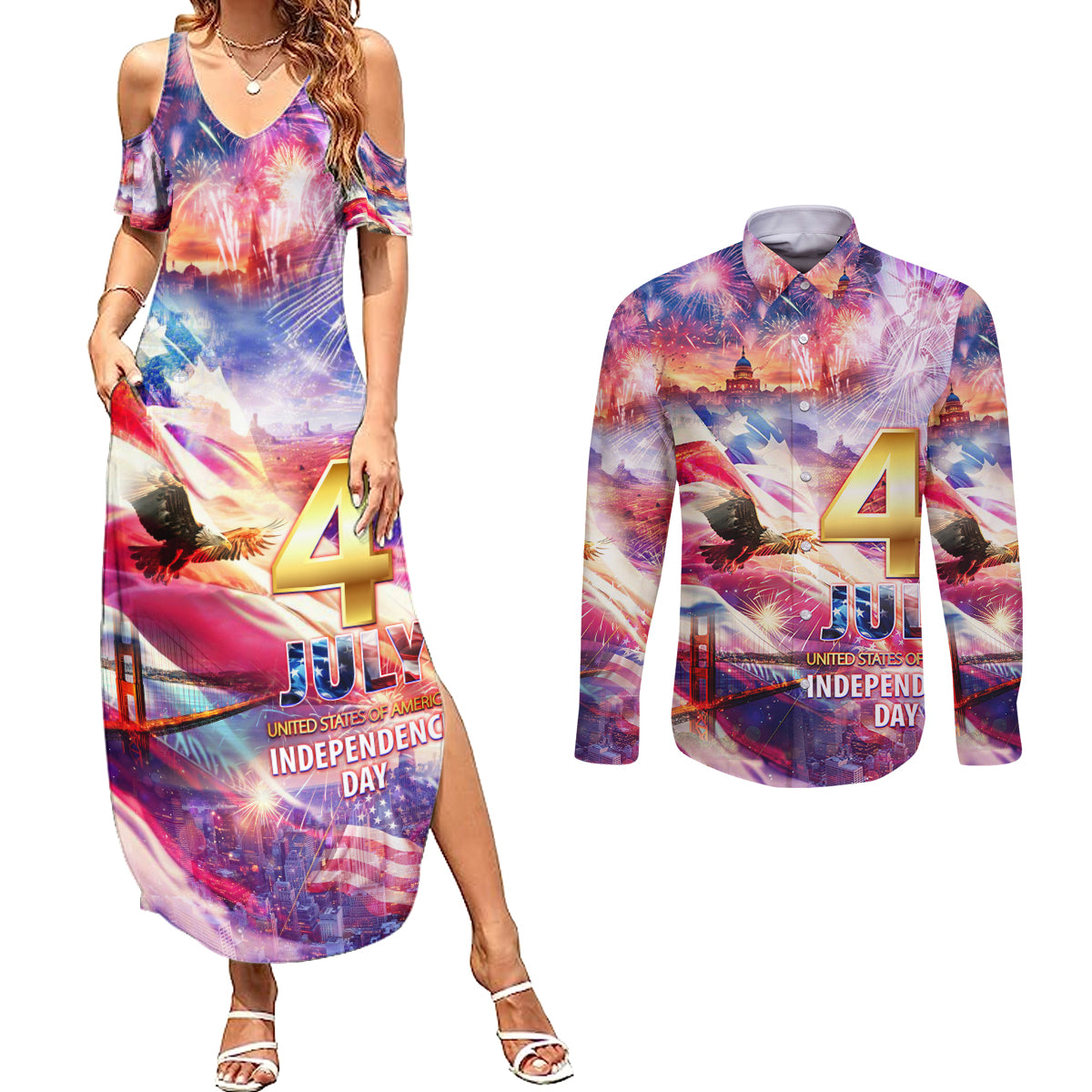 Custom 4th Of July Independence Day American Couples Matching Summer Maxi Dress and Long Sleeve Button Shirt - Wonder Print Shop