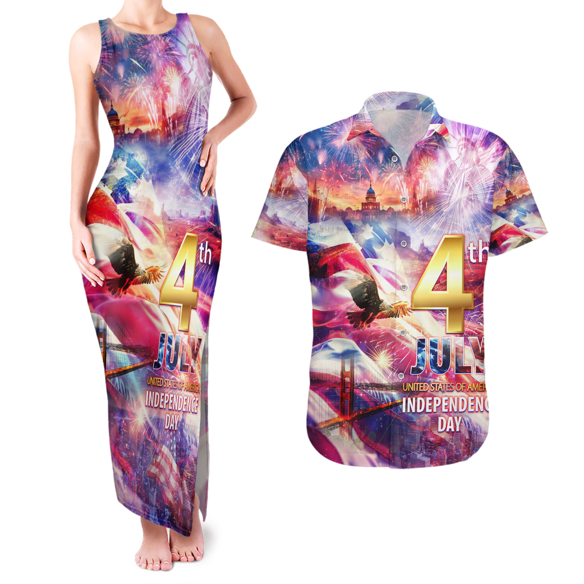 Custom 4th Of July Independence Day American Couples Matching Tank Maxi Dress and Hawaiian Shirt - Wonder Print Shop