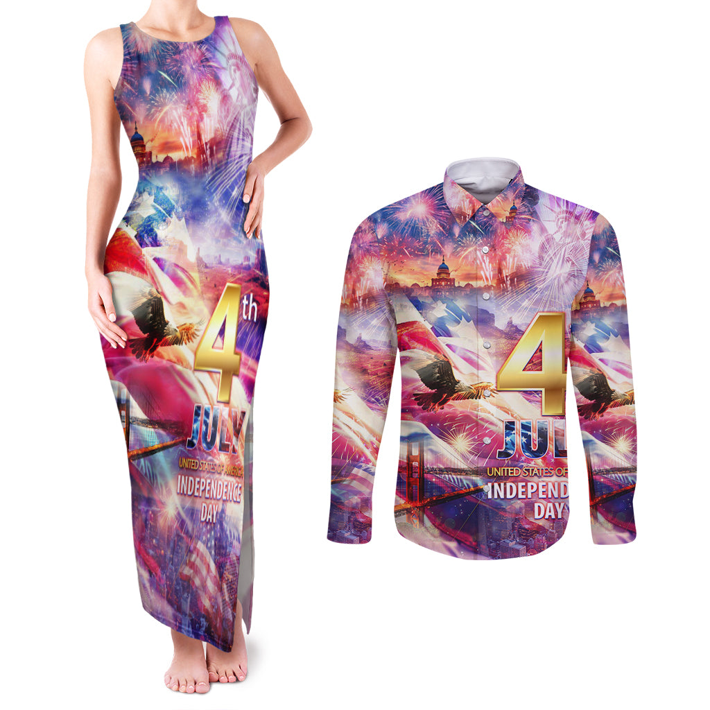 Custom 4th Of July Independence Day American Couples Matching Tank Maxi Dress and Long Sleeve Button Shirt - Wonder Print Shop