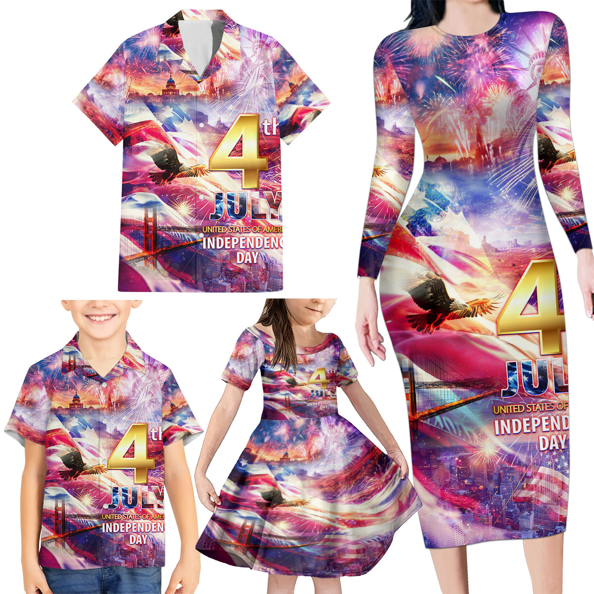 Custom 4th Of July Independence Day American Family Matching Long Sleeve Bodycon Dress and Hawaiian Shirt - Wonder Print Shop