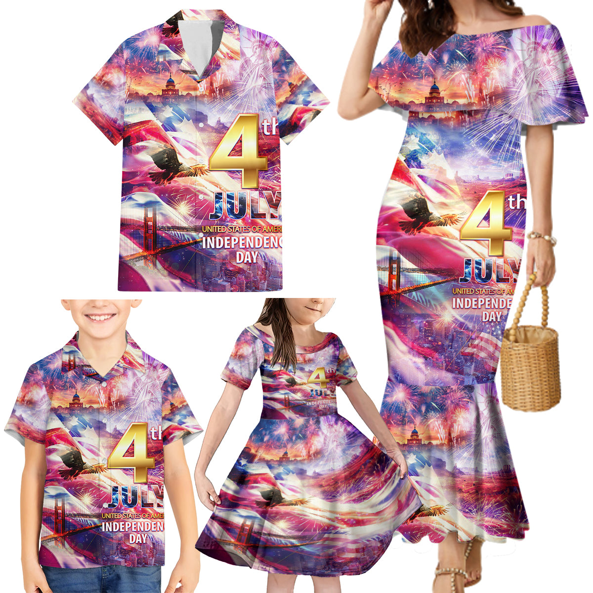 Custom 4th Of July Independence Day American Family Matching Mermaid Dress and Hawaiian Shirt - Wonder Print Shop