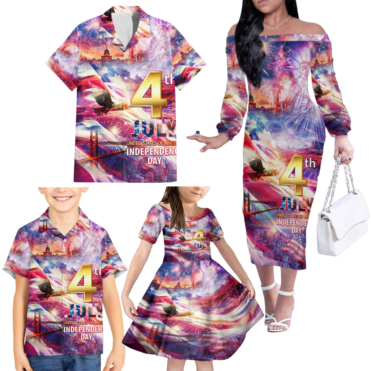 Custom 4th Of July Independence Day American Family Matching Off The Shoulder Long Sleeve Dress and Hawaiian Shirt - Wonder Print Shop