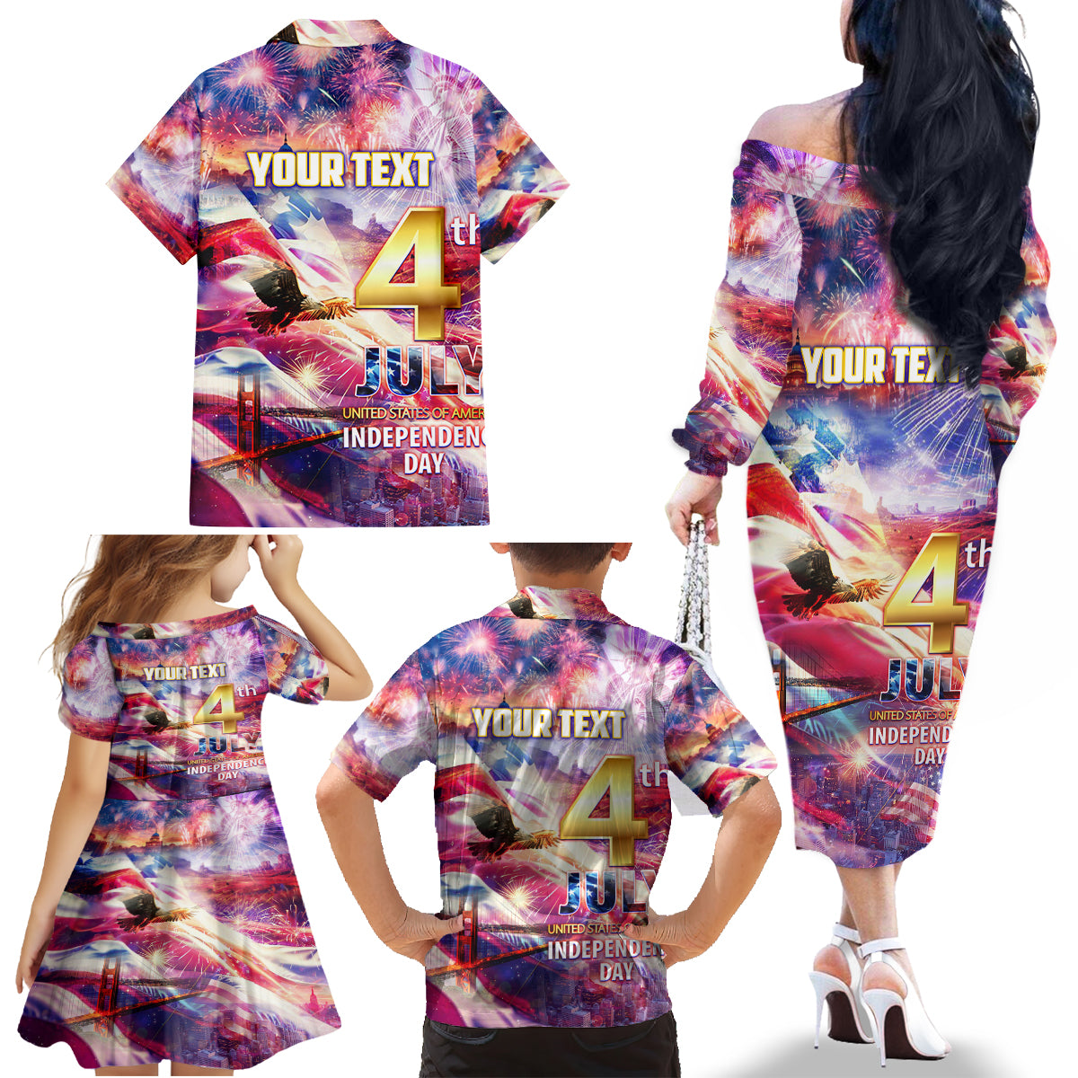 Custom 4th Of July Independence Day American Family Matching Off The Shoulder Long Sleeve Dress and Hawaiian Shirt - Wonder Print Shop