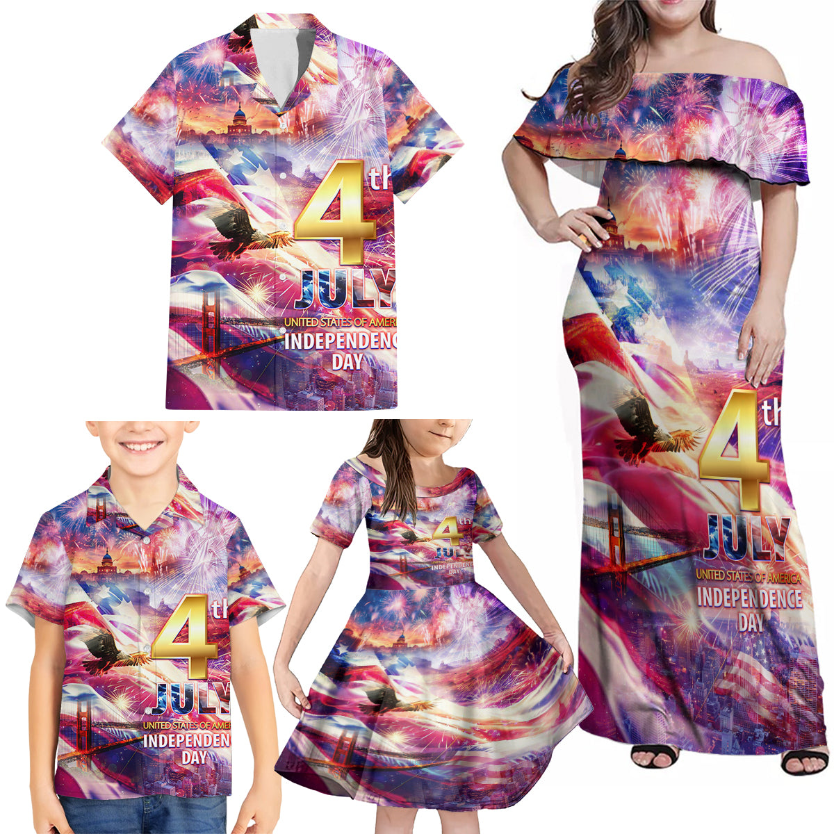 Custom 4th Of July Independence Day American Family Matching Off Shoulder Maxi Dress and Hawaiian Shirt - Wonder Print Shop